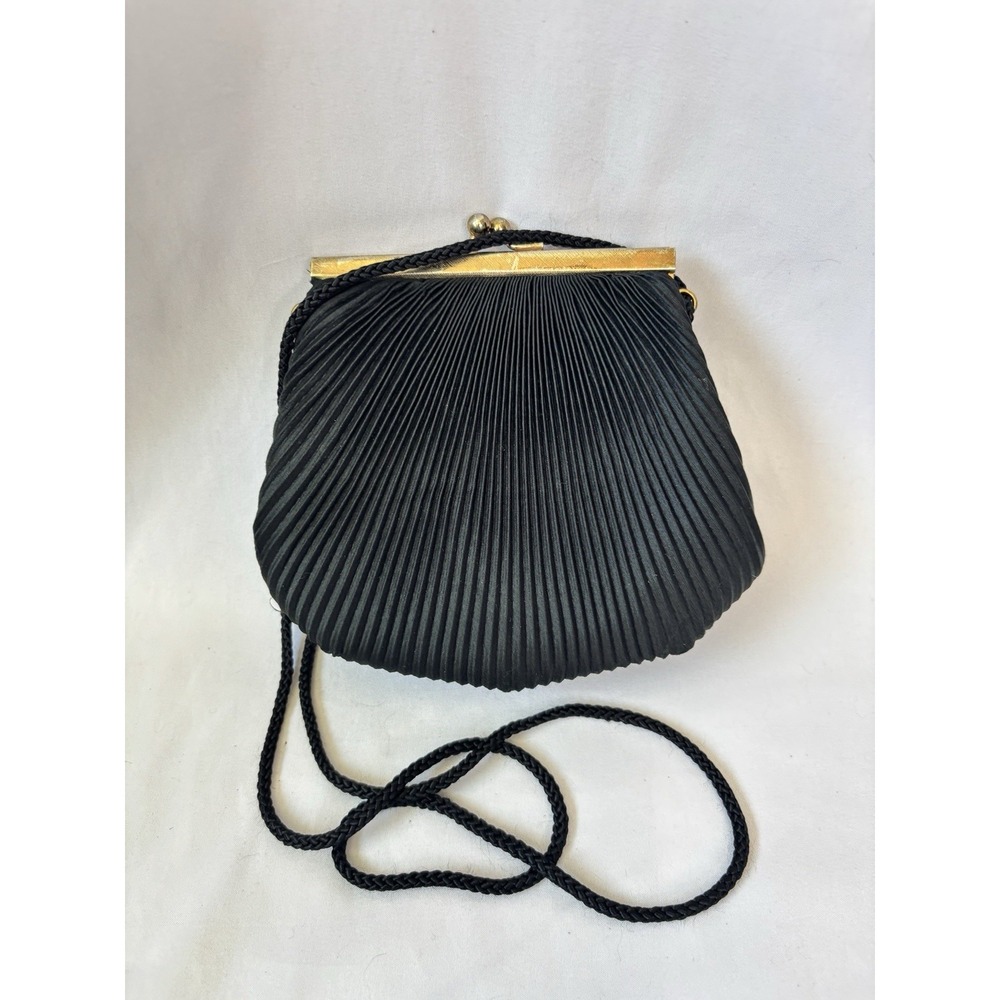 Vintage‎ Black Satin Evening Clutch Crossbody Purse Knife Pleats And Kiss Lock